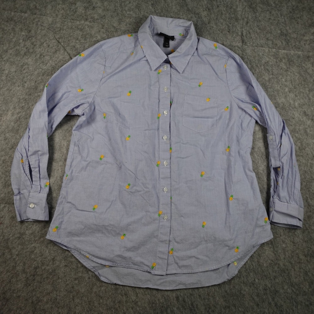 Lane Bryant Shirt Women 16 Blue Pineapple Embroidered Striped Button Down‎